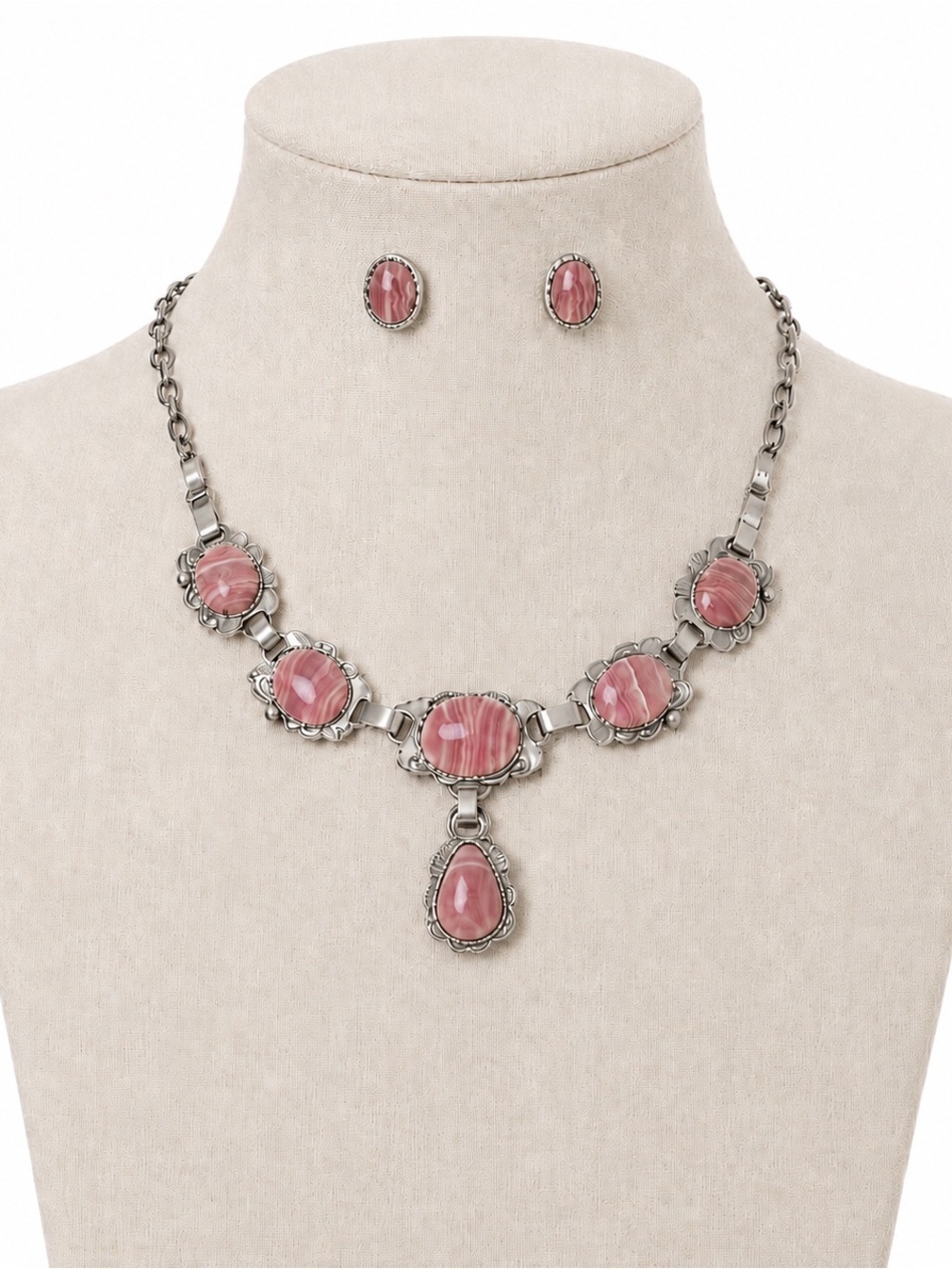 925 sterling silver with pink rhodochrosite stones - Handmade necklace/earrings